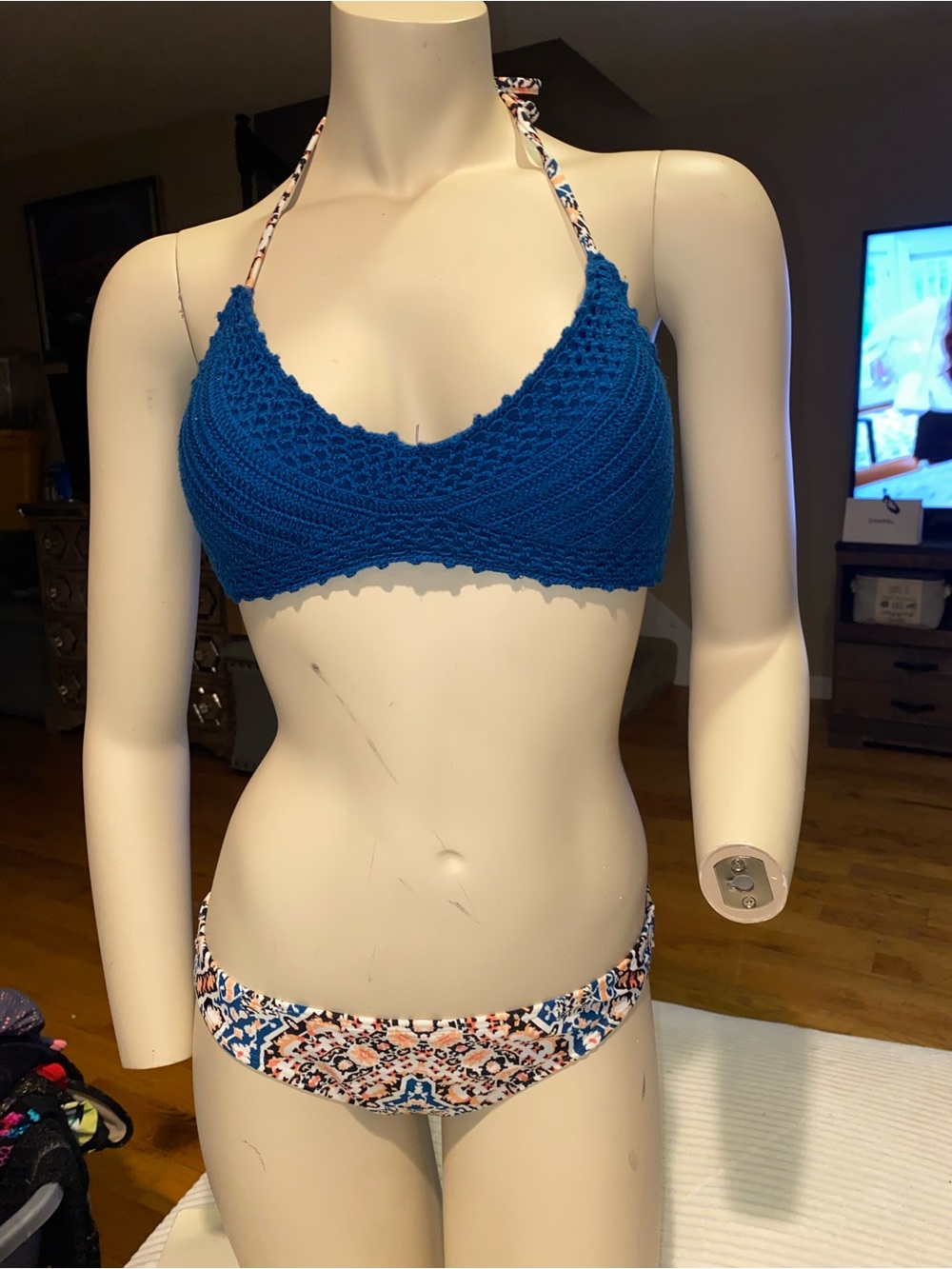 Xhilaration Blue Crochet Halter Bikini Top with Printed Bottoms